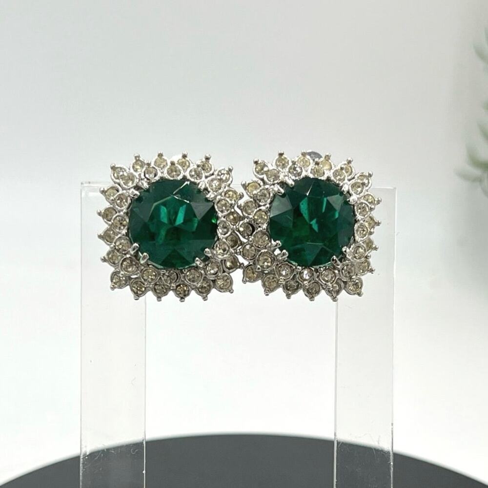 Green Prong Set‎ Rhinestone Open Back Stacked Halo Silver Tone Clip on Earrings